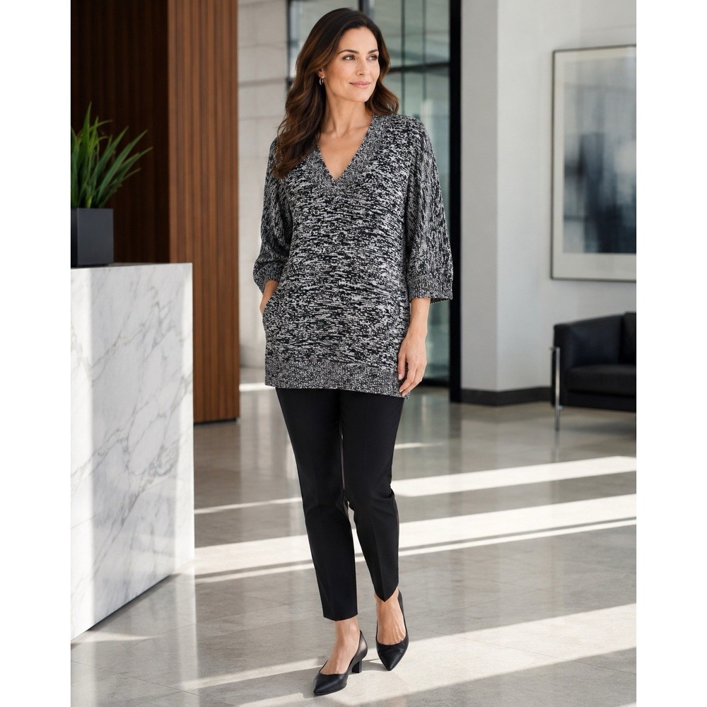 Women's S Black White Marled Knit Oversized Longline Pullover Sweater 3/4 Sleeve